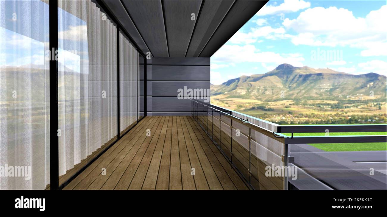 Balcony Rendering Stylish balcony of the contemporary estate. Wooden flooring. Glass ...