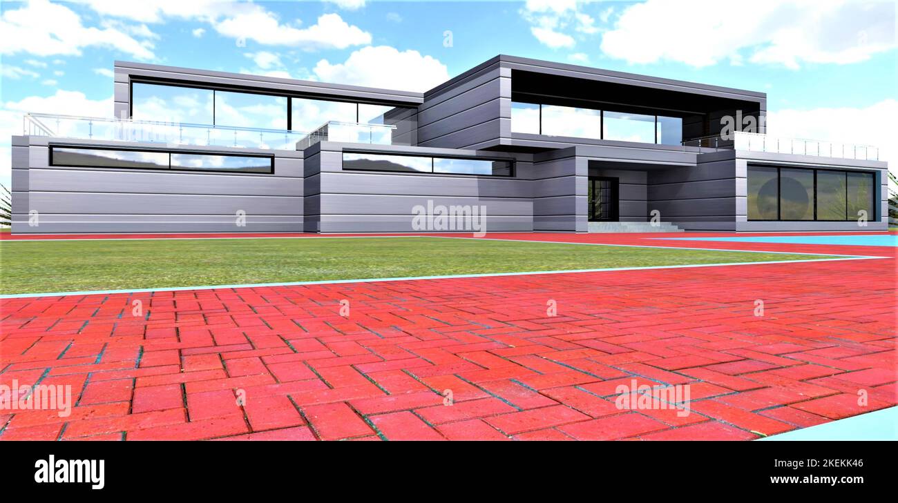 Red colour brick tile as paving material of the walkway to the elite ...