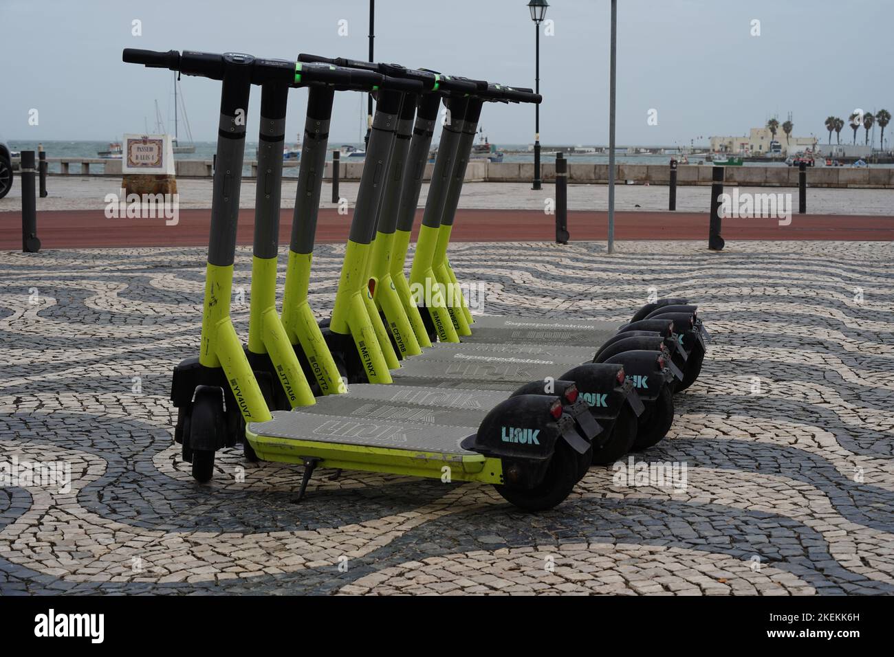 Cascais, Portugal - September 2022: A group of electric scooters (Link) parked at Cascais, near Passeio Don Luis I Stock Photo