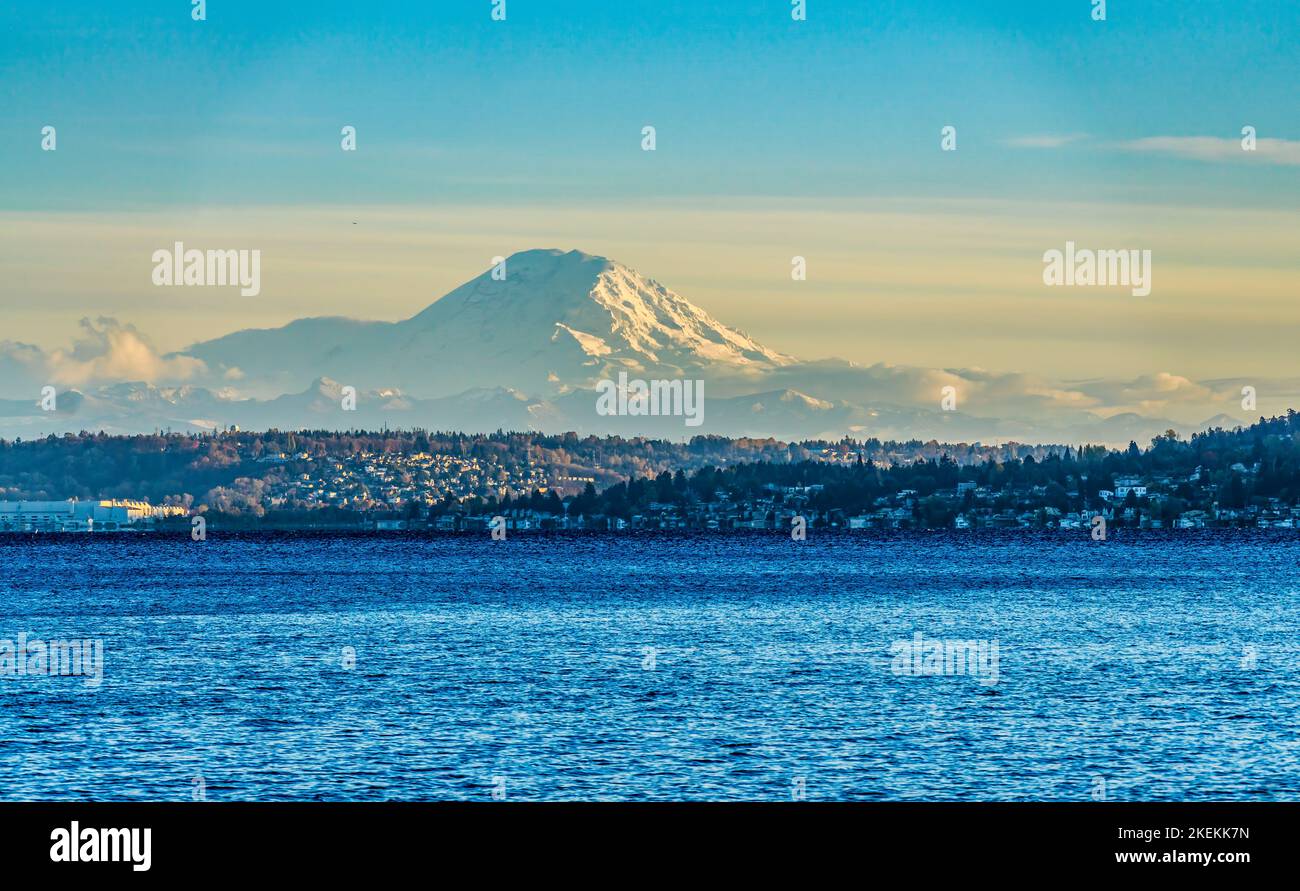 Seattle Mount Rainer Park A view of Mount Rainier from Seward Park in Seattle, Washington Stock ...