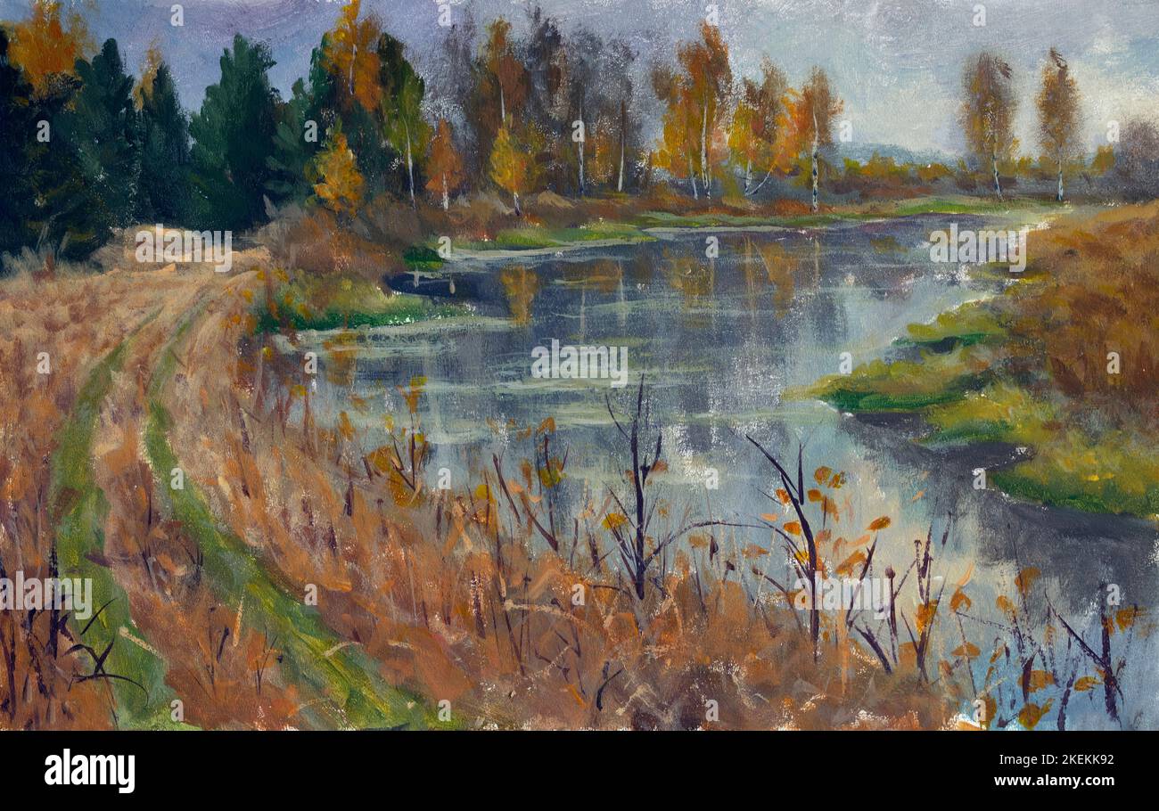 Russian autumn on river landscape painting on canvas by artist Stock Photo