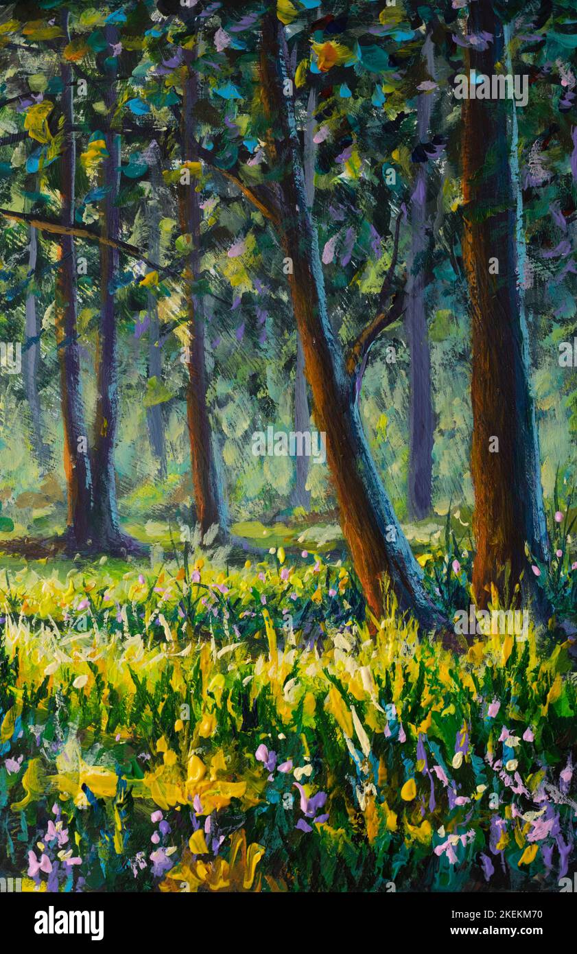 Trees In the sunny forest park acrylic painting landscape art illustration  for fairy tales Stock Photo - Alamy, image size:841x1390