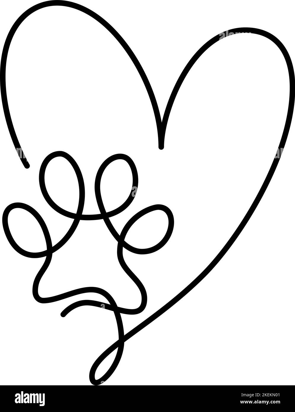 Heart with cat or dog paw in continuous one line drawing logo. Minimal ...