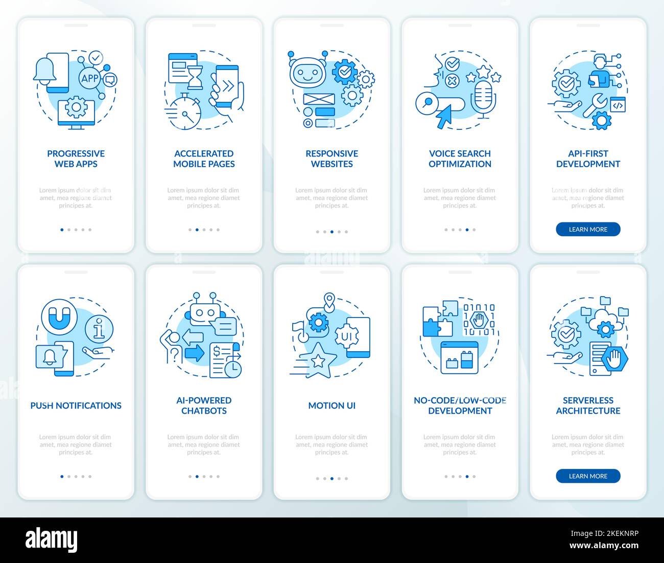 Web development trends blue onboarding mobile app screen set Stock Vector