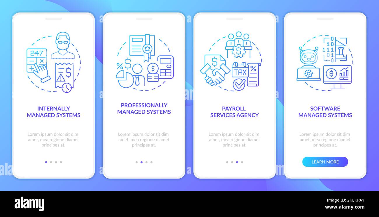 Types of payroll systems blue gradient onboarding mobile app screen ...