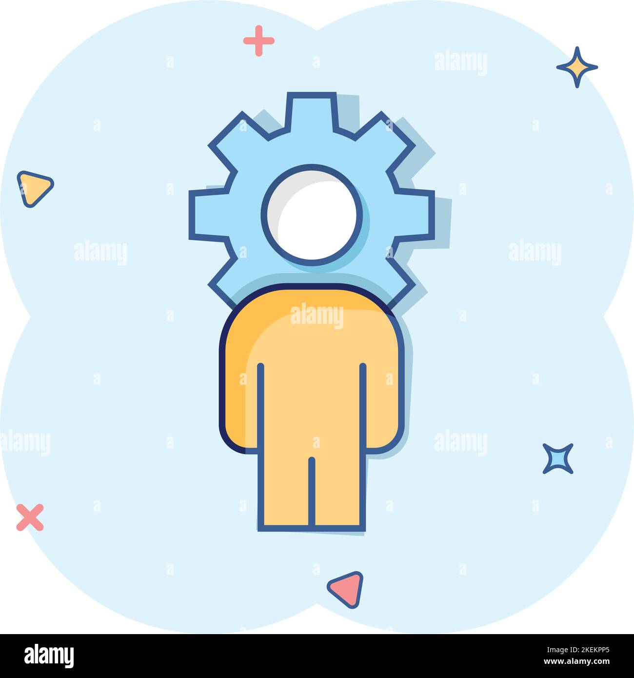 People with gear icon in comic style. Person cogwheel cartoon vector illustration on white isolated background. Teamwork splash effect business concep Stock Vector