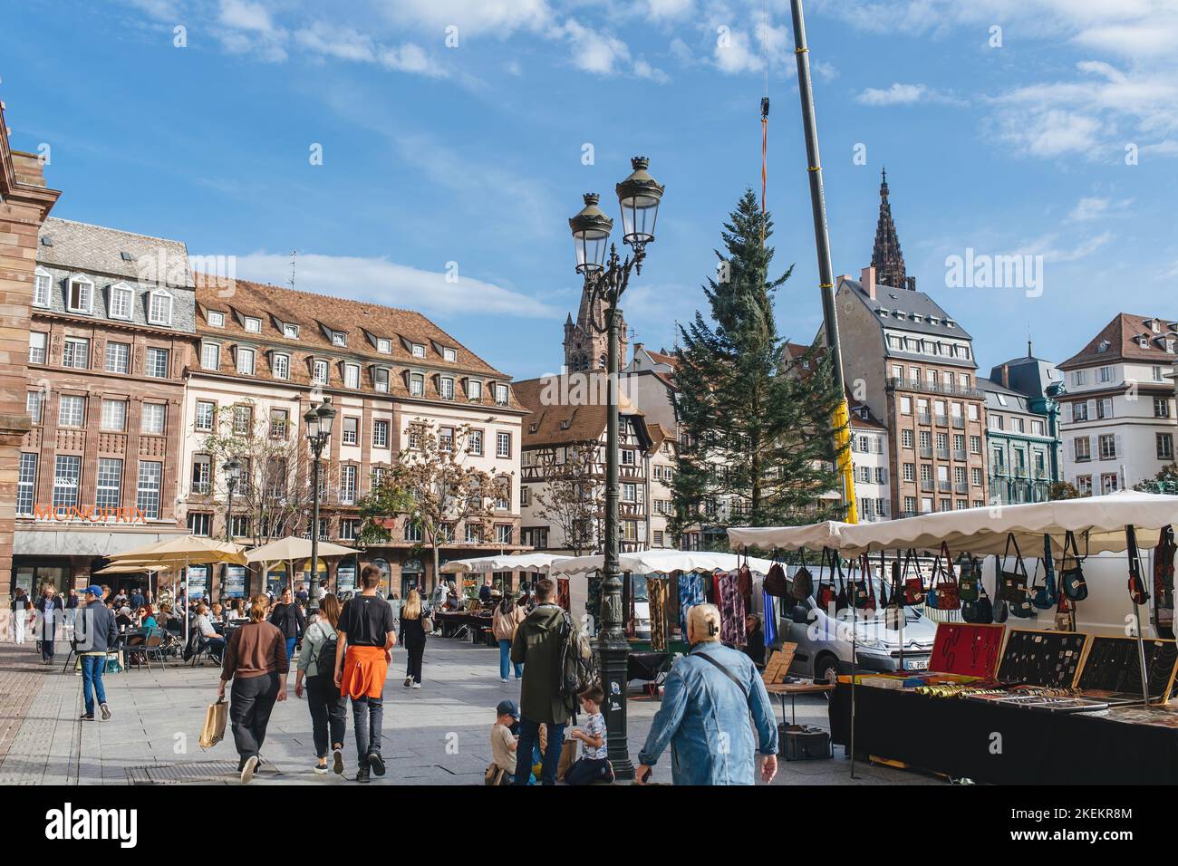 Strasbourg, France- Oct 28, 2022: Installation of Christmas Tree in place Kleber for the upcoming annual Christmas Market Stock Photo