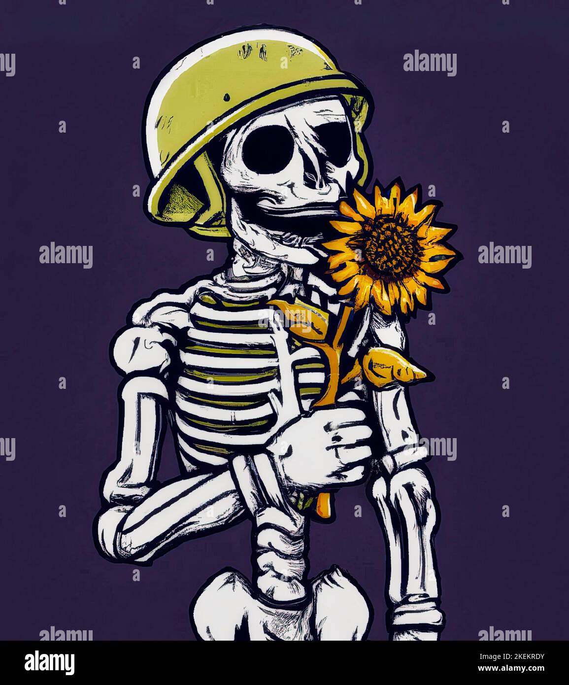 Dead skeleton soldier wearing a green army helmet holding and sniffing a sunflower in the afterlife Stock Photo