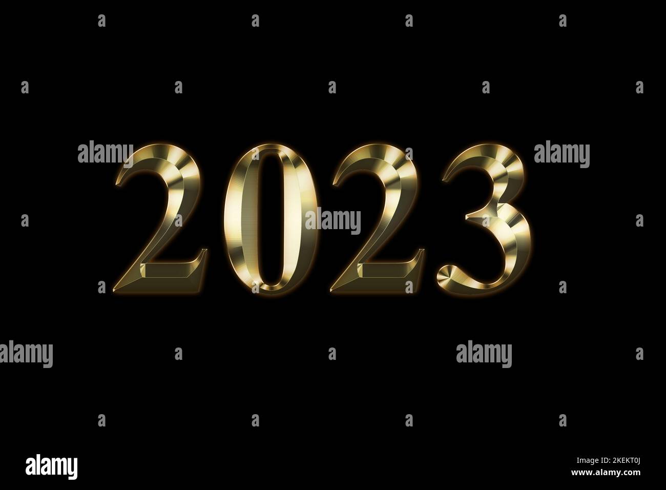 2023. Banner, poster, golden color numbers on black background. The word written on greeting card. Graphic gold font, shiny text Stock Photo