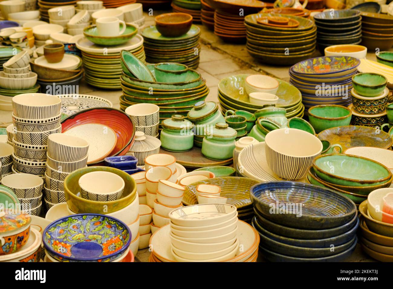 Hand made colorful ceramic pottery. Hand painted pottery. Traditional