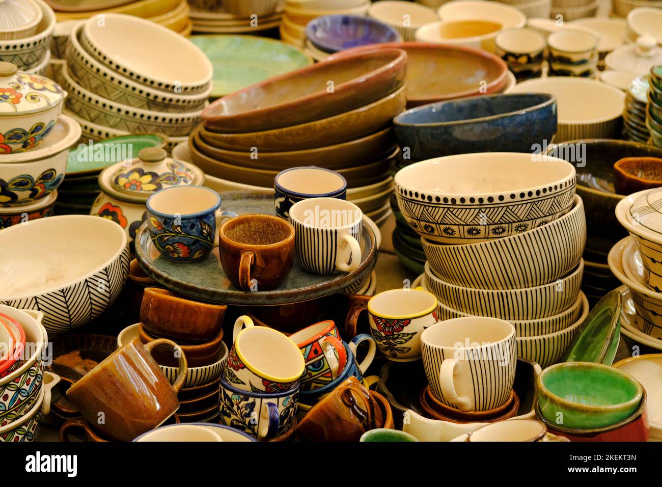 Hand made colorful ceramic pottery. Hand painted pottery. Traditional