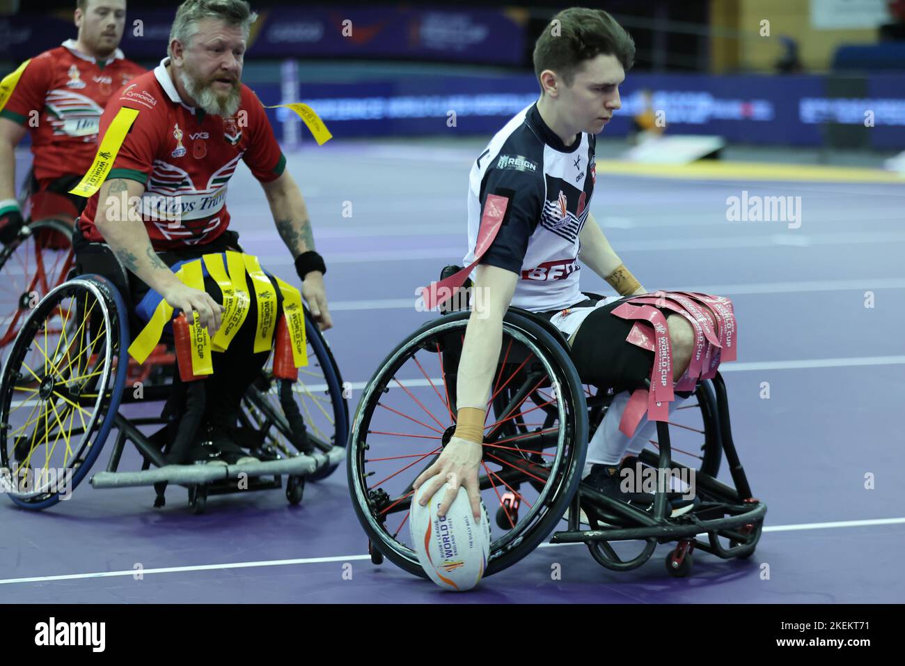 Sheffield, UK. 13th Nov, 2022. English Institute of Sport Sheffield, Sheffield, South Yorkshire, 13th November 2022. England Wheelchair Rugby League vs Wales Wheelchair Rugby League in the Rugby League World Cup 2021 Semi-Final Robert Hawkins of England Wheelchair Rugby League scores the try Credit: Touchlinepics/Alamy Live News Stock Photo
