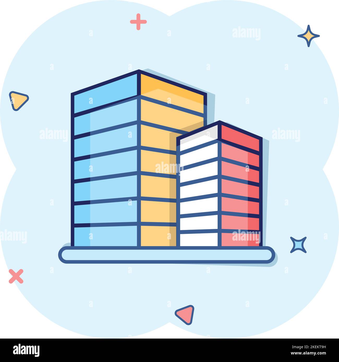 Building icon in comic style. Town skyscraper apartment cartoon vector illustration on white isolated background. City tower splash effect business co Stock Vector