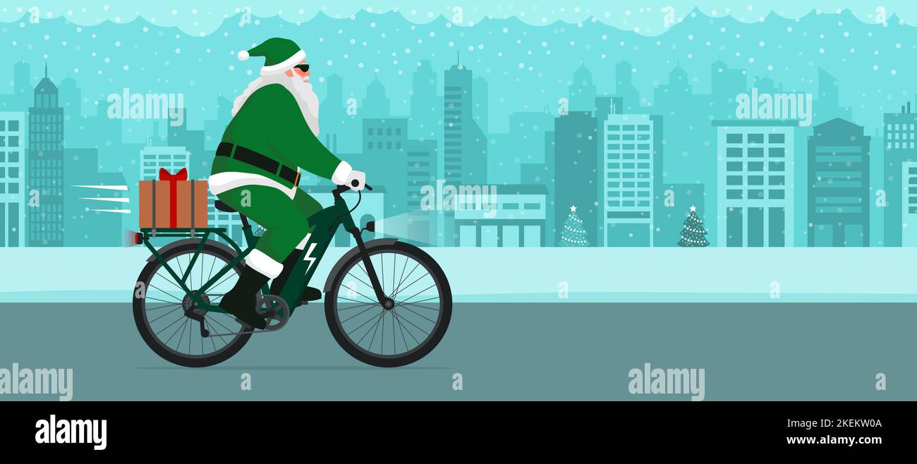 Contemporary eco-friendly Santa Claus riding an e-bike and carrying a Christmas gift, sustainable mobility concept Stock Vector