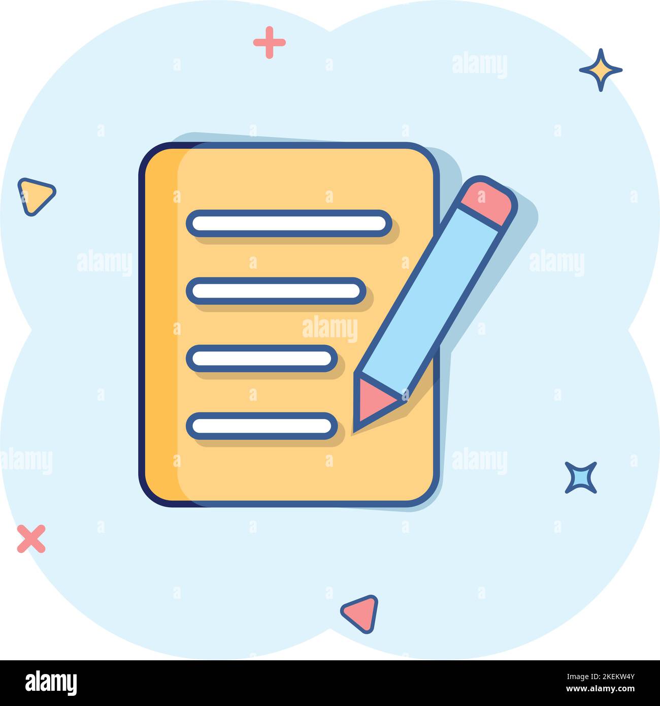 Blogging icon in comic style. Document with pen cartoon vector illustration on white isolated background. Content splash effect business concept. Stock Vector