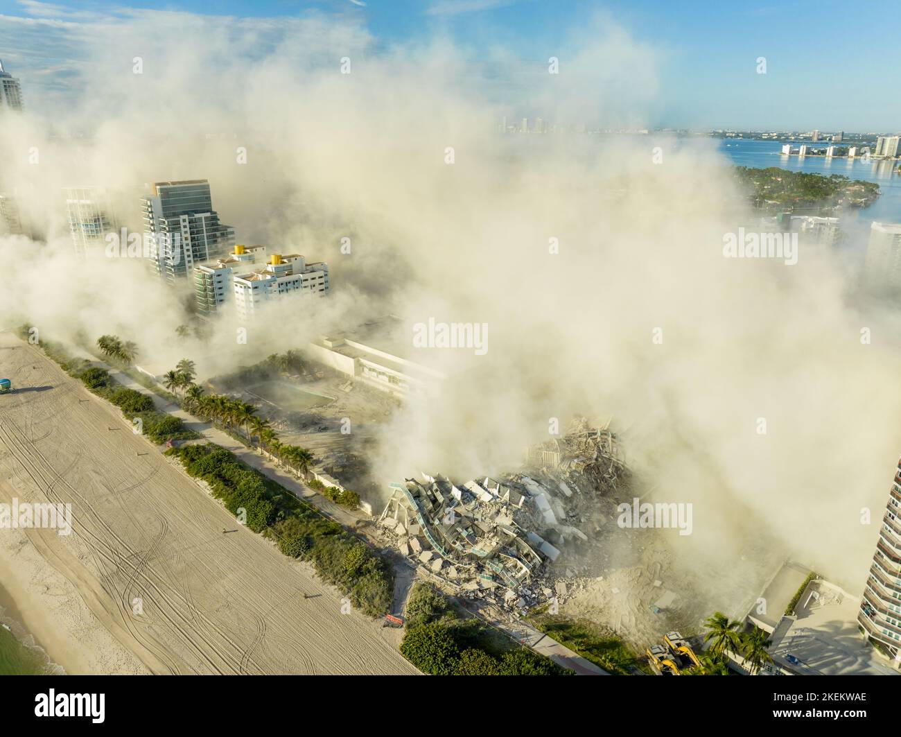 Aerial drone photo of the Deauville Hotel moments after it's implosion