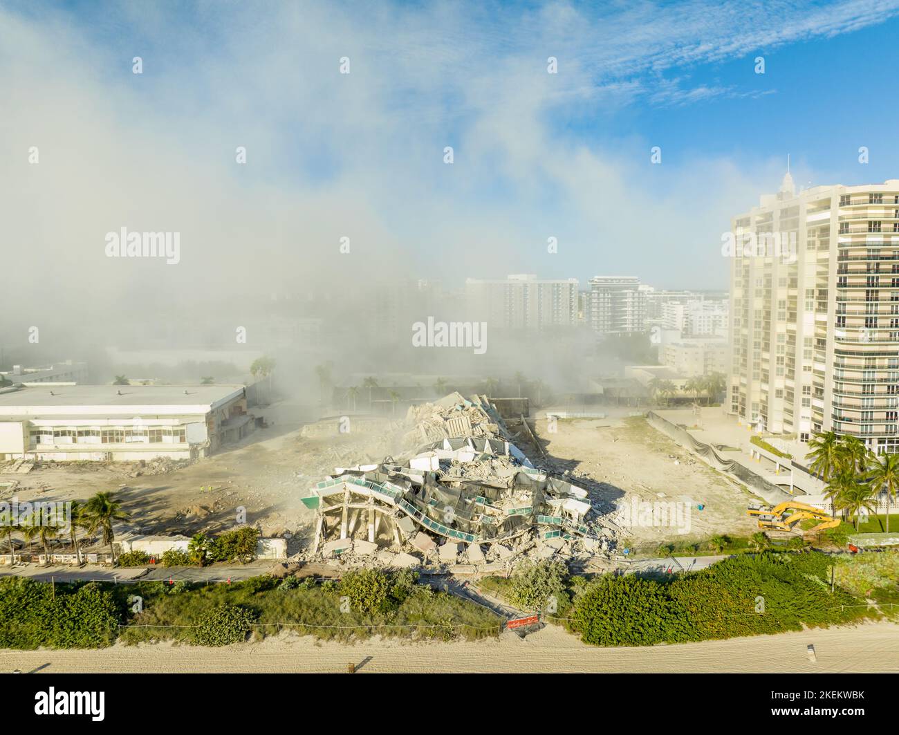 Aerial drone photo of the Deauville Hotel moments after it's implosion