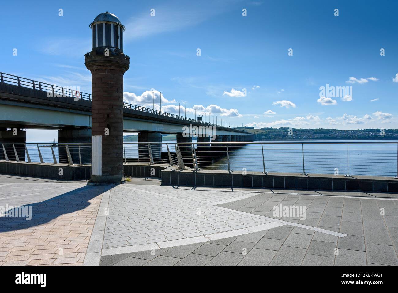 The Tay road bridge from the Telford Beacon, a former harbour light moved from the King William IV dock.  At Black Watch Parade, Dundee, Scotland, UK Stock Photo