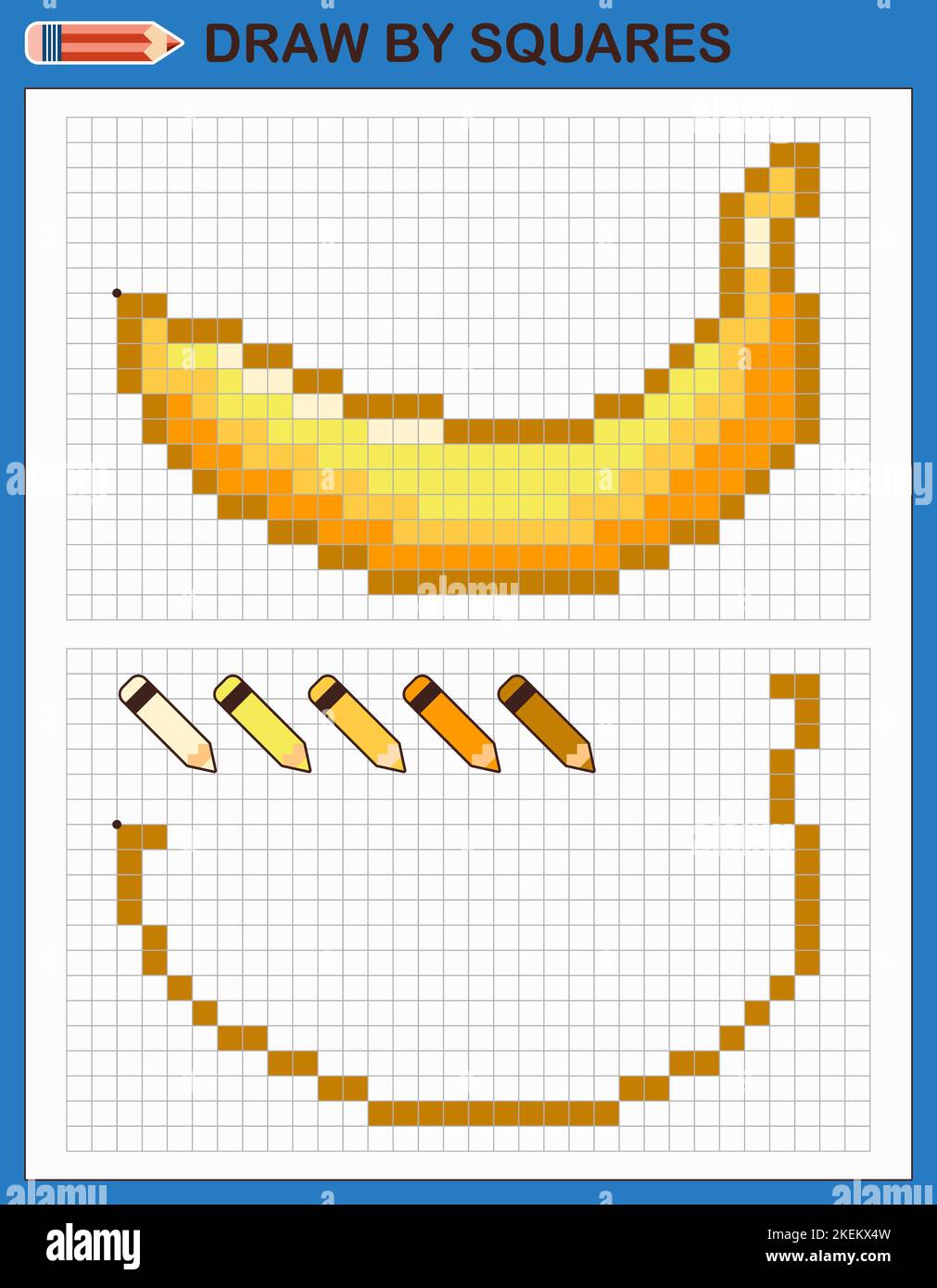 Draw banana by squares. Copy the picture. Game for kids. Stock Vector