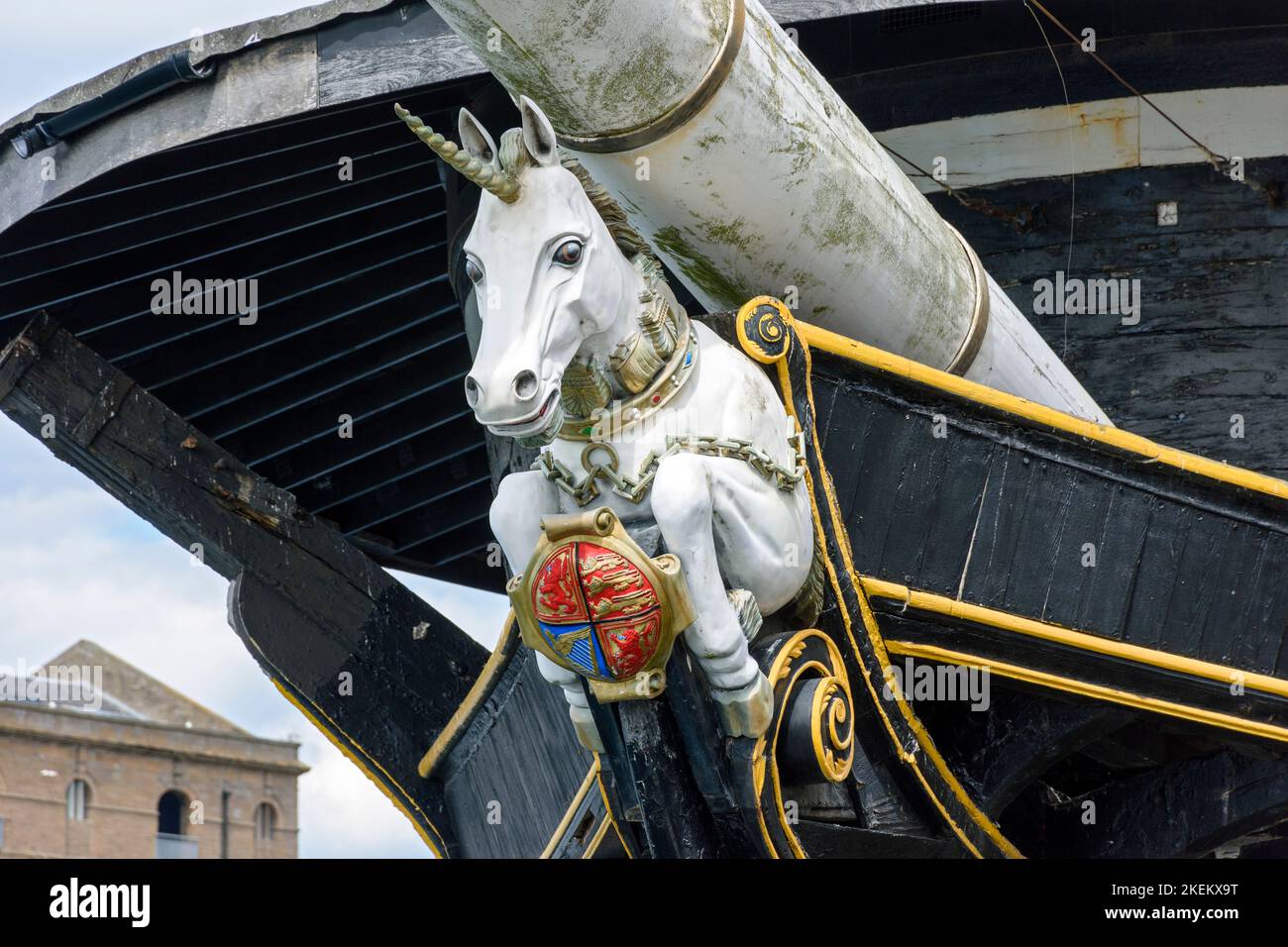 The unicorn figurehead below the bowsprit of the frigate HMS Unicorn