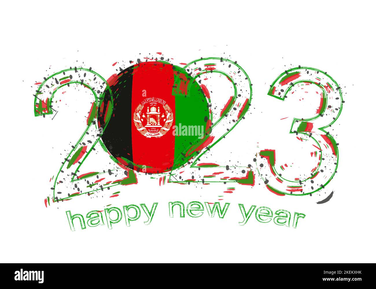 2023 Year in grunge style with flag of Afghanistan. Holiday grunge