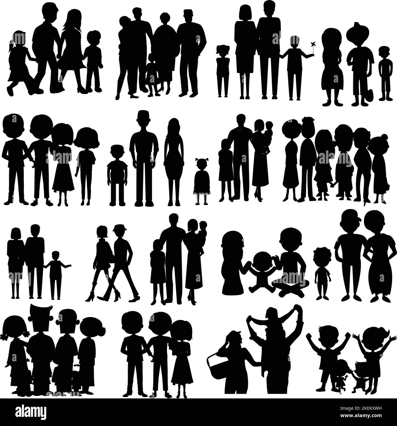 An editable set of illustrated silhouettes of different families on a ...