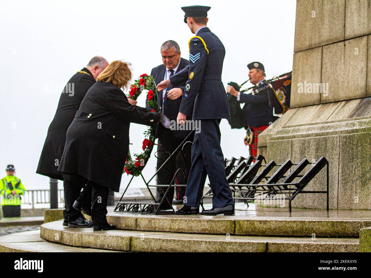 Dundee, Tayside, Scotland, UK. 13th Nov, 2022. Remembrance Day: Lord Provost Bill Campbell and city councillors are joined by a few Dundee residents, dignitaries, armed forces representatives, veterans, Police Scotland, and the Scottish Free Masons to remember Dundee men who died in World Wars I and II. The gathering took place around 12.20pm at the Law Hill monument, which is the highest and most central point in the city, where they laid poppy wreaths and observed a two-minute silence. Credit: Dundee Photographics/Alamy Live News Stock Photo