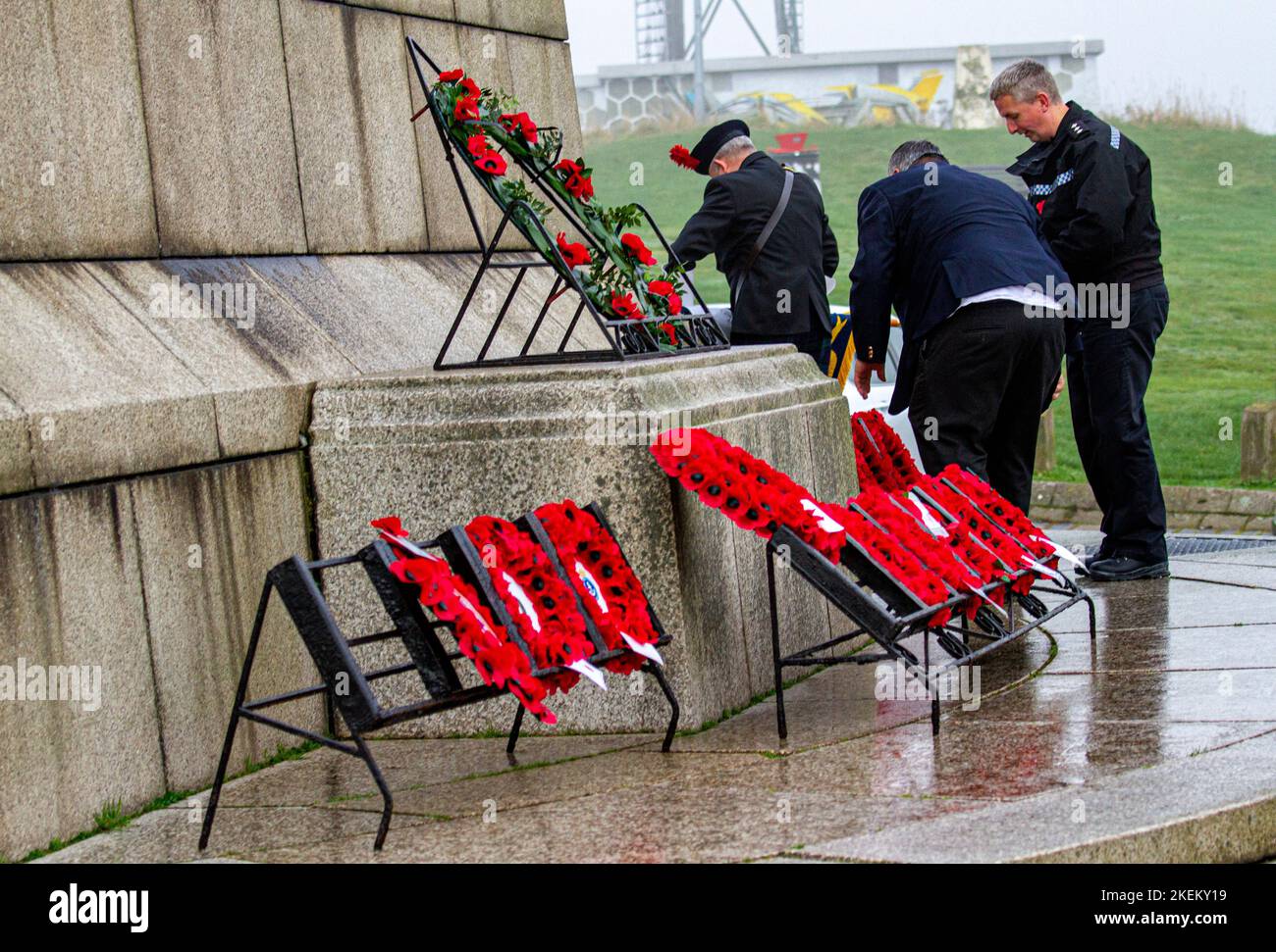 Dundee, Tayside, Scotland, UK. 13th Nov, 2022. Remembrance Day: Lord Provost Bill Campbell and city councillors are joined by a few Dundee residents, dignitaries, armed forces representatives, veterans, Police Scotland, and the Scottish Free Masons to remember Dundee men who died in World Wars I and II. The gathering took place around 12.20pm at the Law Hill monument, which is the highest and most central point in the city, where they laid poppy wreaths and observed a two-minute silence. Credit: Dundee Photographics/Alamy Live News Stock Photo