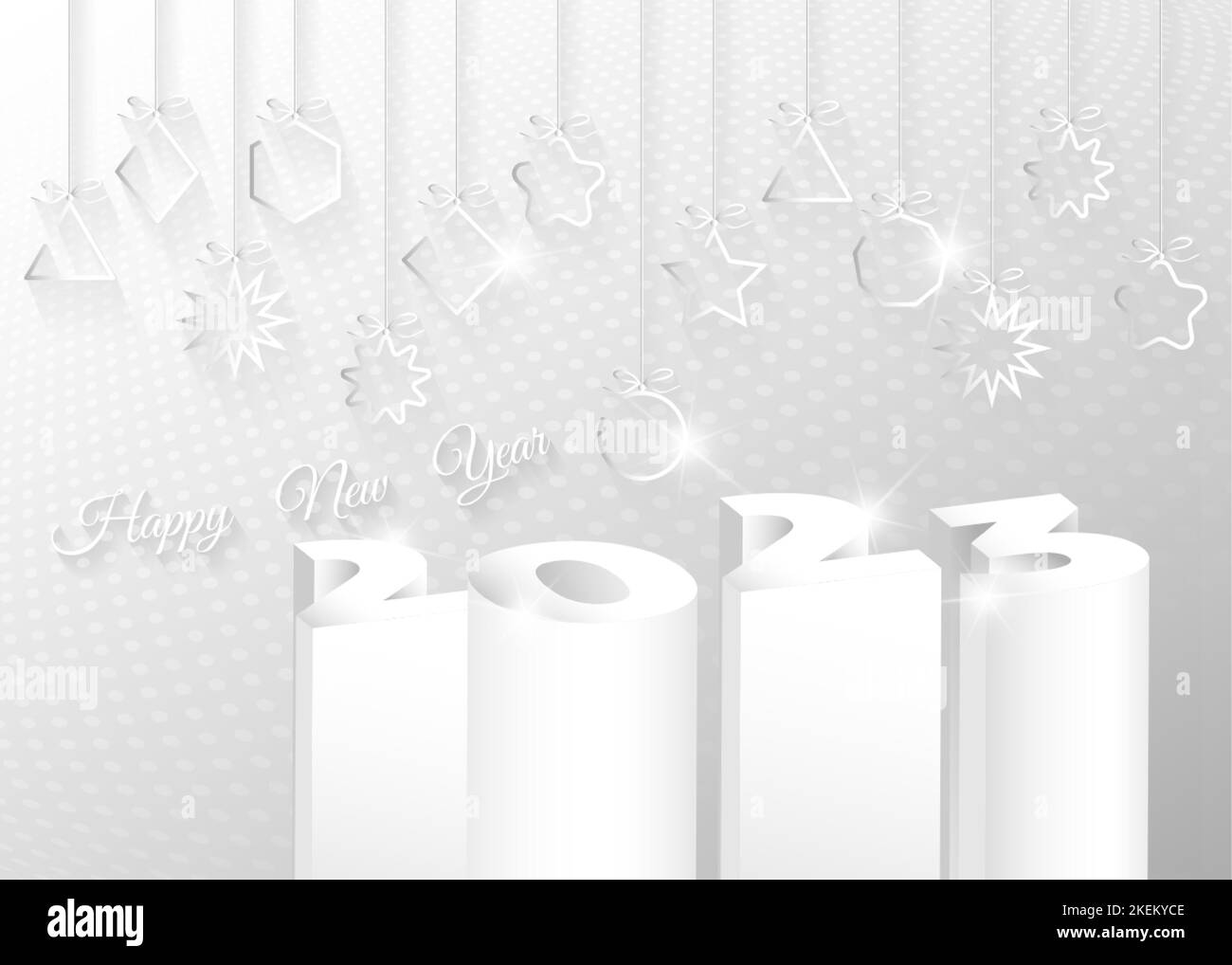 2023 new year greeting card with 3d number of the year with Christmas balls. Banner, template ornament shiny silver white background Stock Vector