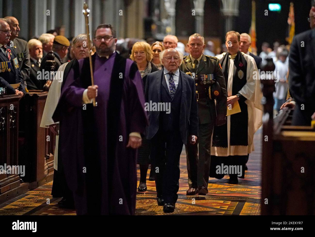 President Michael D Higgins (centre) attends the Remembrance Sunday service at Saint Patrick's Cathedral in Dublin. Picture date: Sunday November 13, 2022. Stock Photo