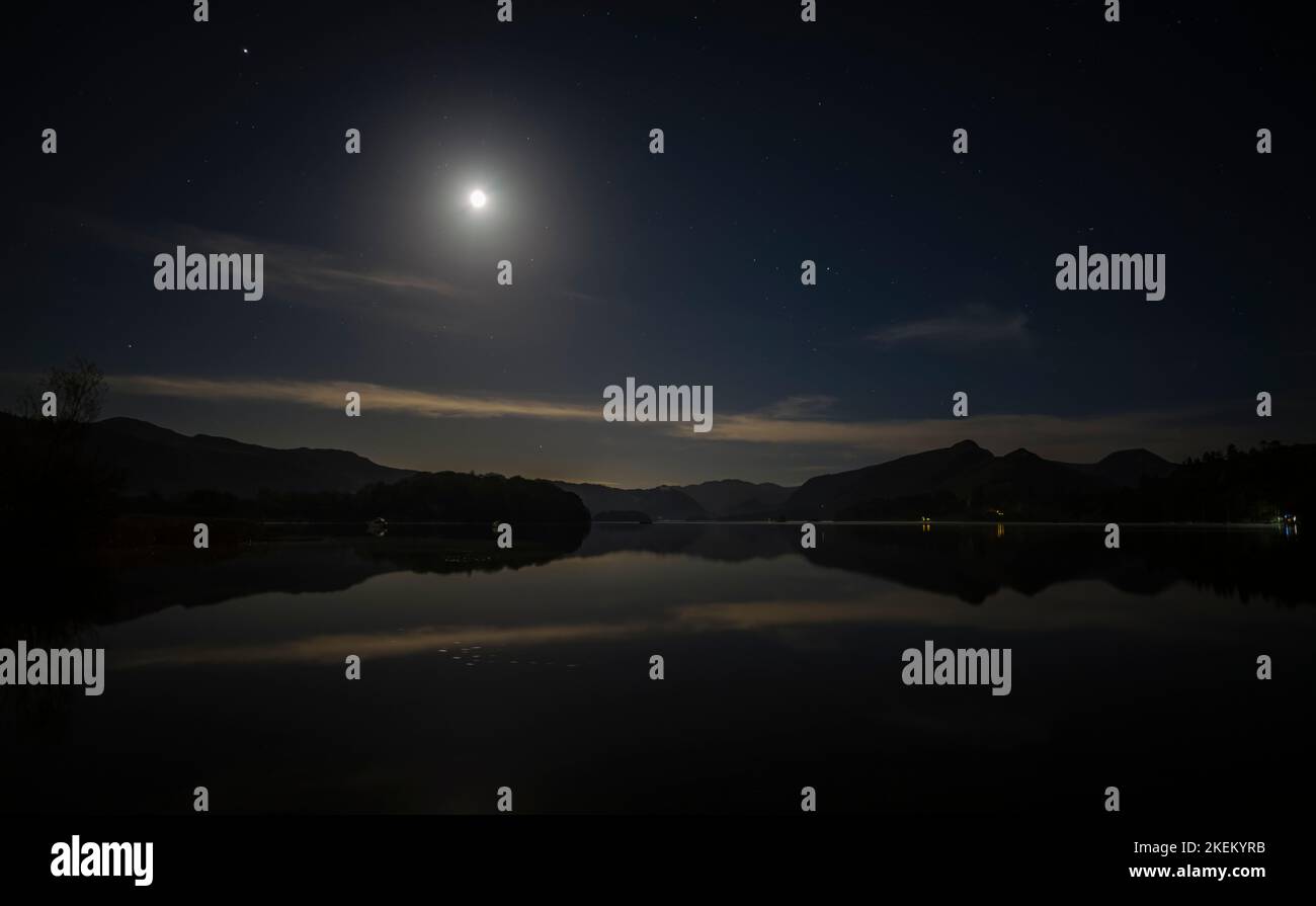 Moonlight on Derwentwater, Keswick, English Lake District. Stock Photo