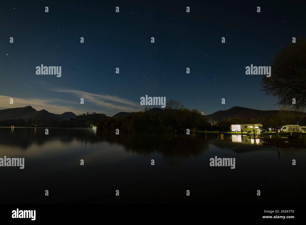 Moonlight on Derwentwater, Keswick campsite, English Lake District. Stock Photo