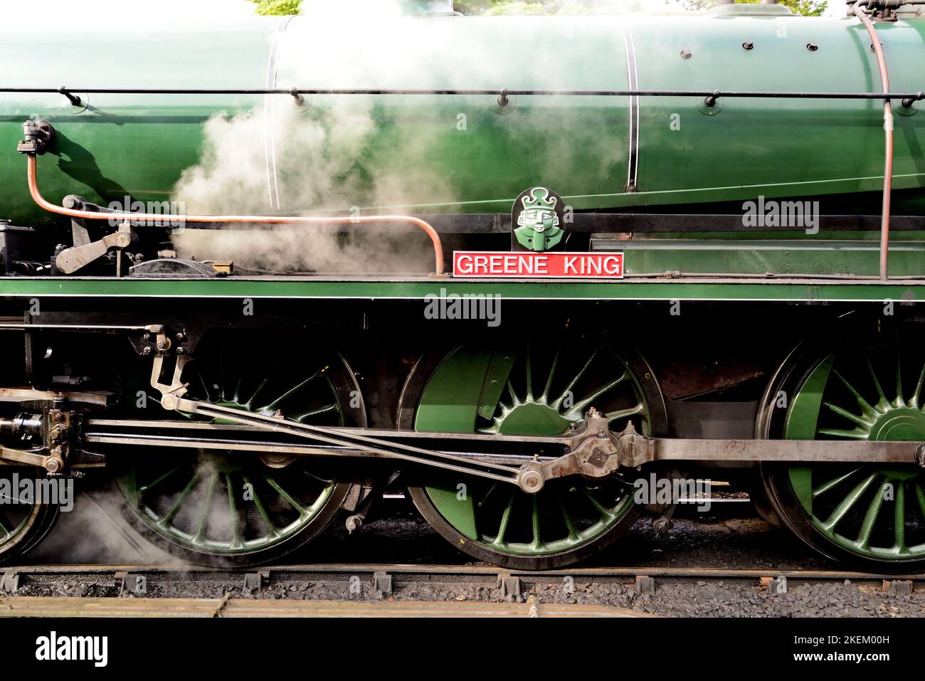 Southern Railway class S15 locomotive No 825 at Goathland, North Yorkshire Moors Railway, carrying the Greene King nameplate. Stock Photo