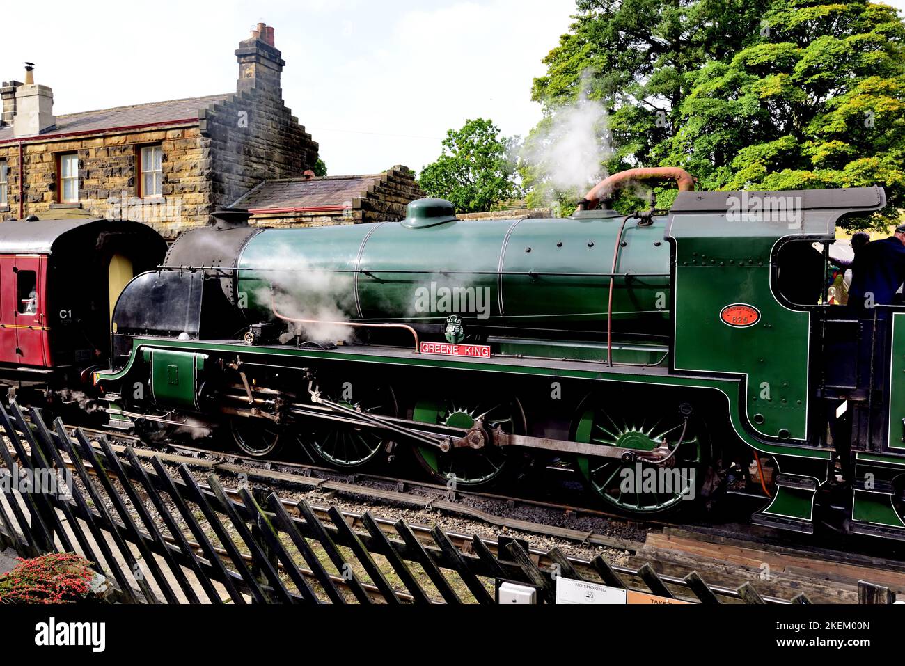 Southern Railway class S15 locomotive No 825 at Goathland, North Yorkshire Moors Railway, carrying the Greene King nameplate, 22.09.2022. Stock Photo