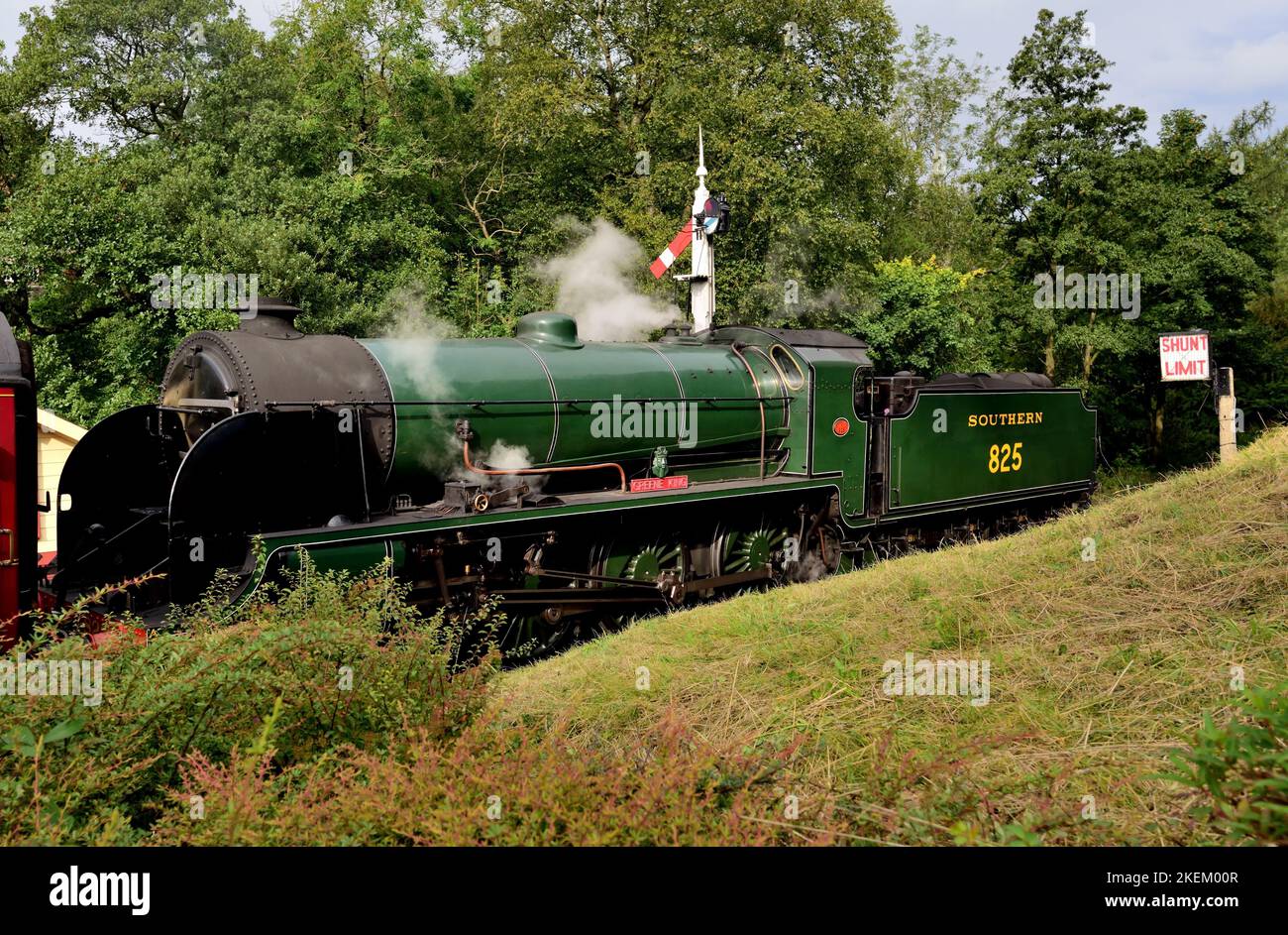 Southern Railway class S15 locomotive No 825 at Goathland, North Yorkshire Moors Railway, carrying the Greene King nameplate, 22.09.2022. Stock Photo