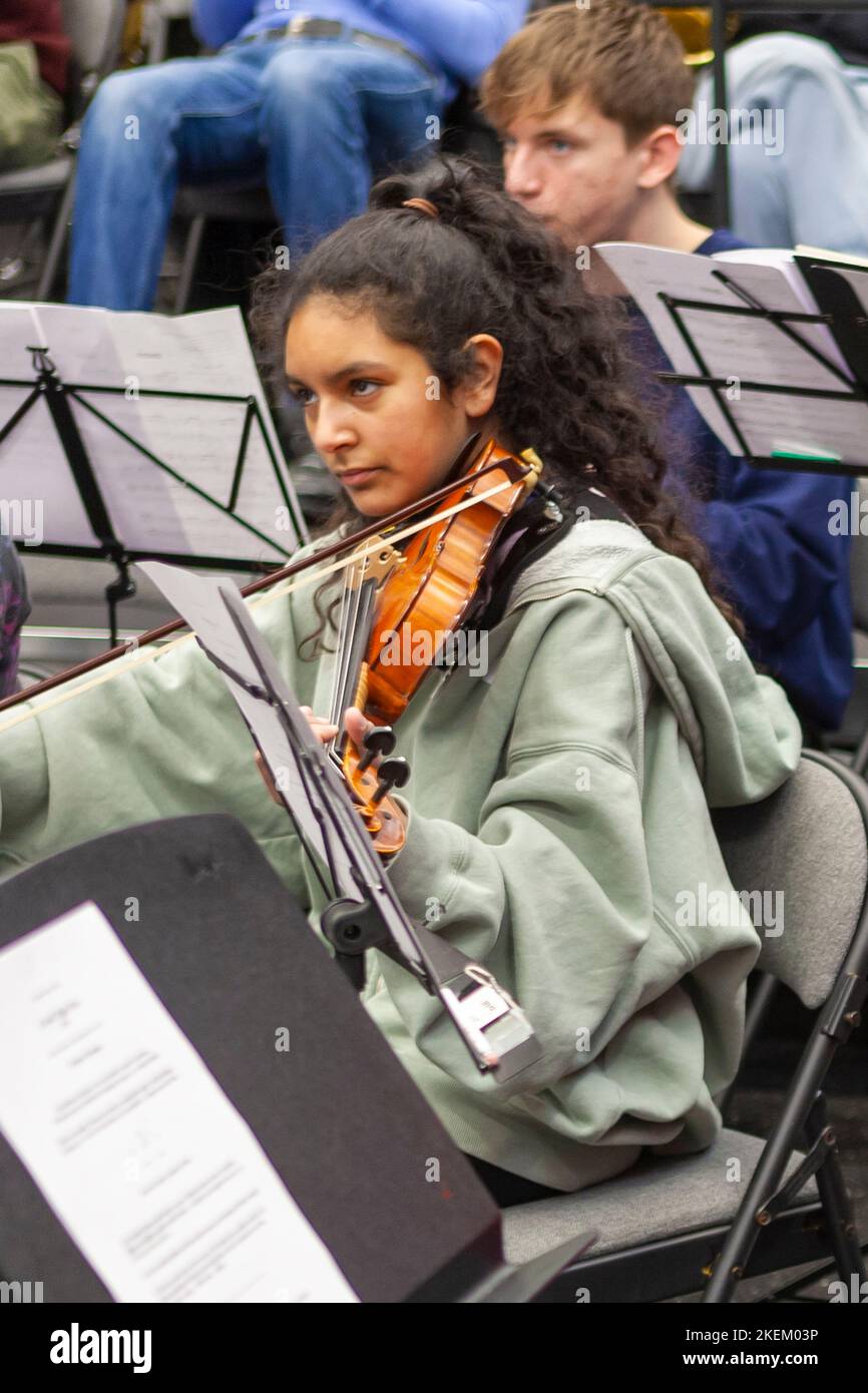 Young violinist playing with the COMA (Contemporary Music for All