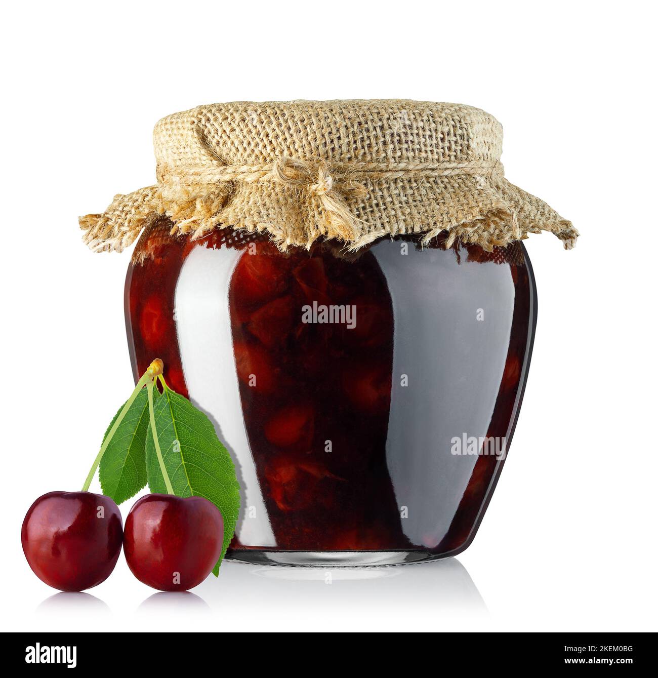 cherry jam in glass jar with burlap on the lid isolated on white Stock Photo