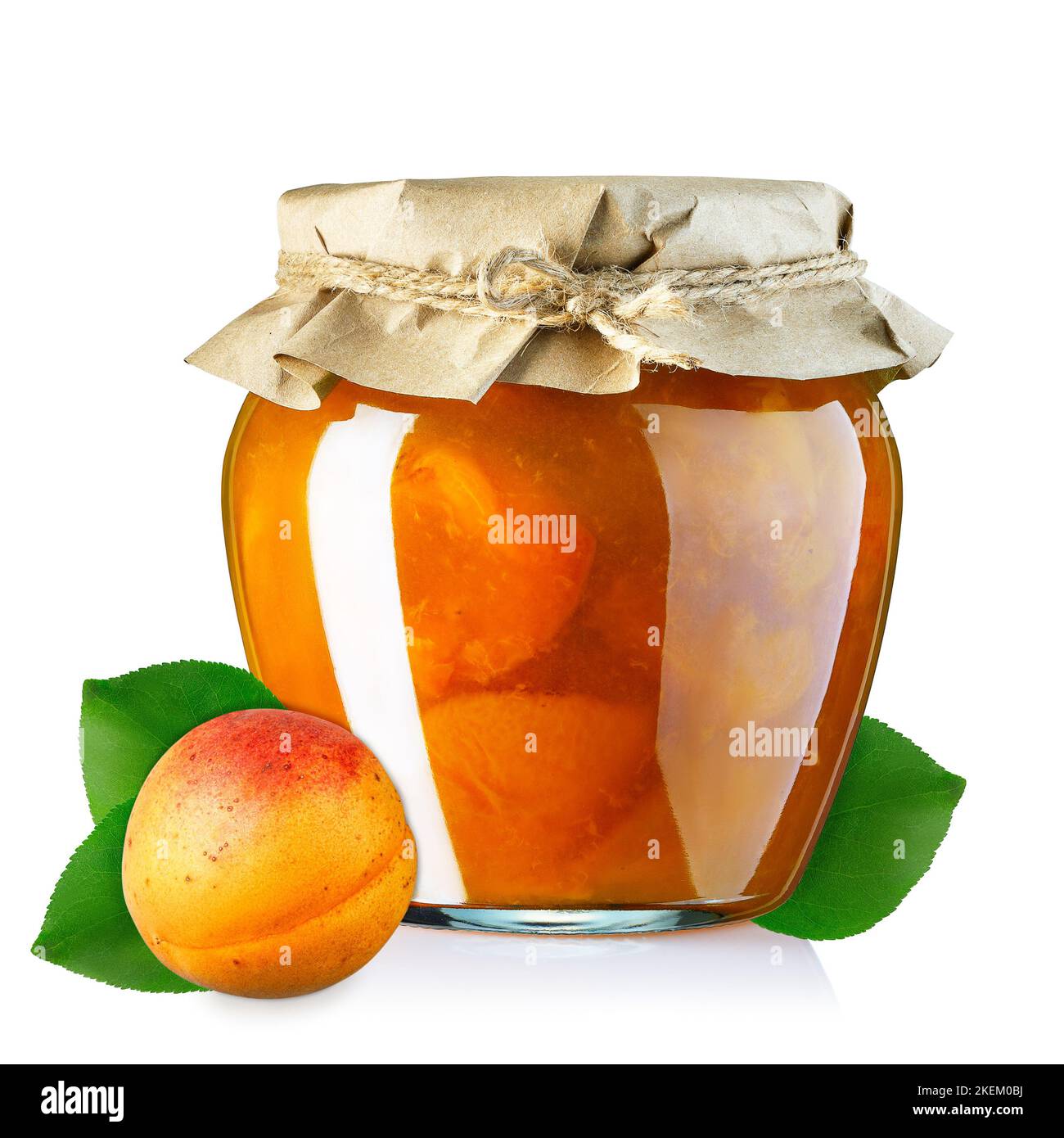 apricot jam in glass jar covered with wrapping paper isolated on white Stock Photo