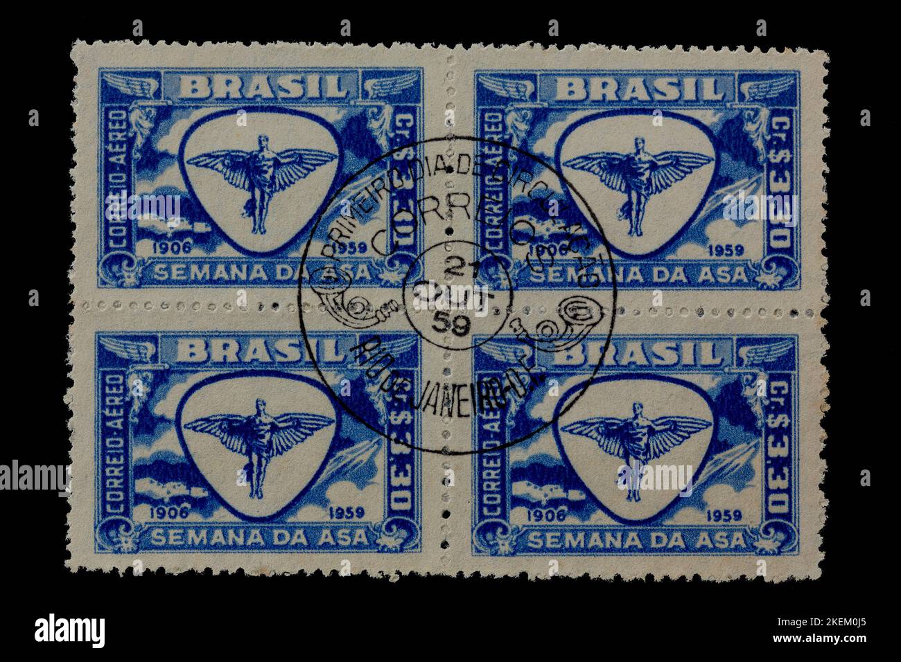 Vintage cancelled postage stamp from Brazil circa 1959. Group of four stamps celebrating wing week. Official postmark entered on the group of four Stock Photo