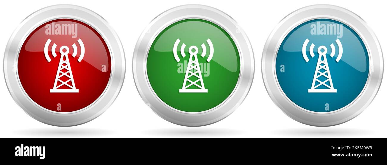 Antenna, network vector icon set. Red, blue and green silver metallic ...