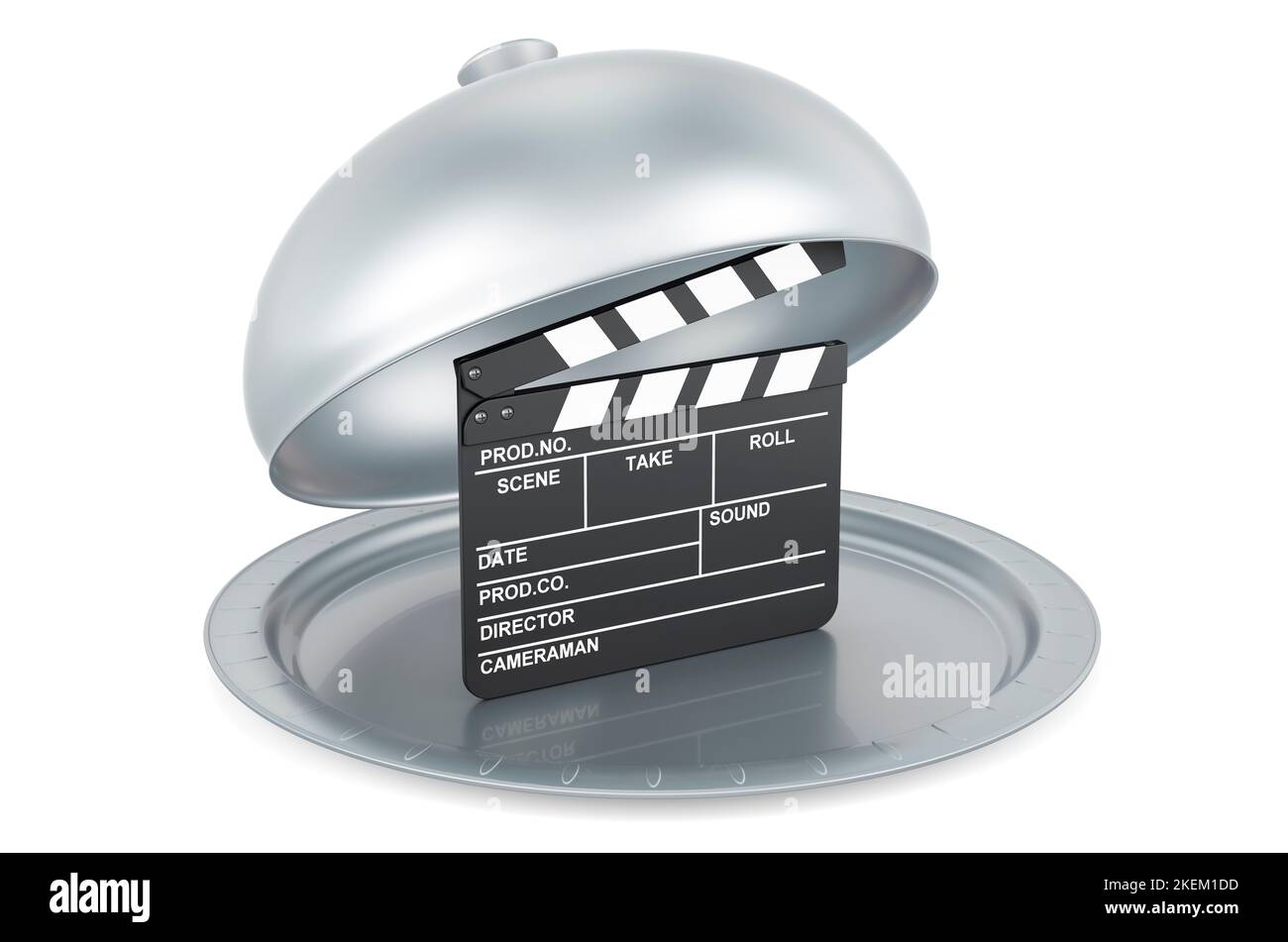 Restaurant cloche with clapperboard, 3D rendering isolated on white background Stock Photo