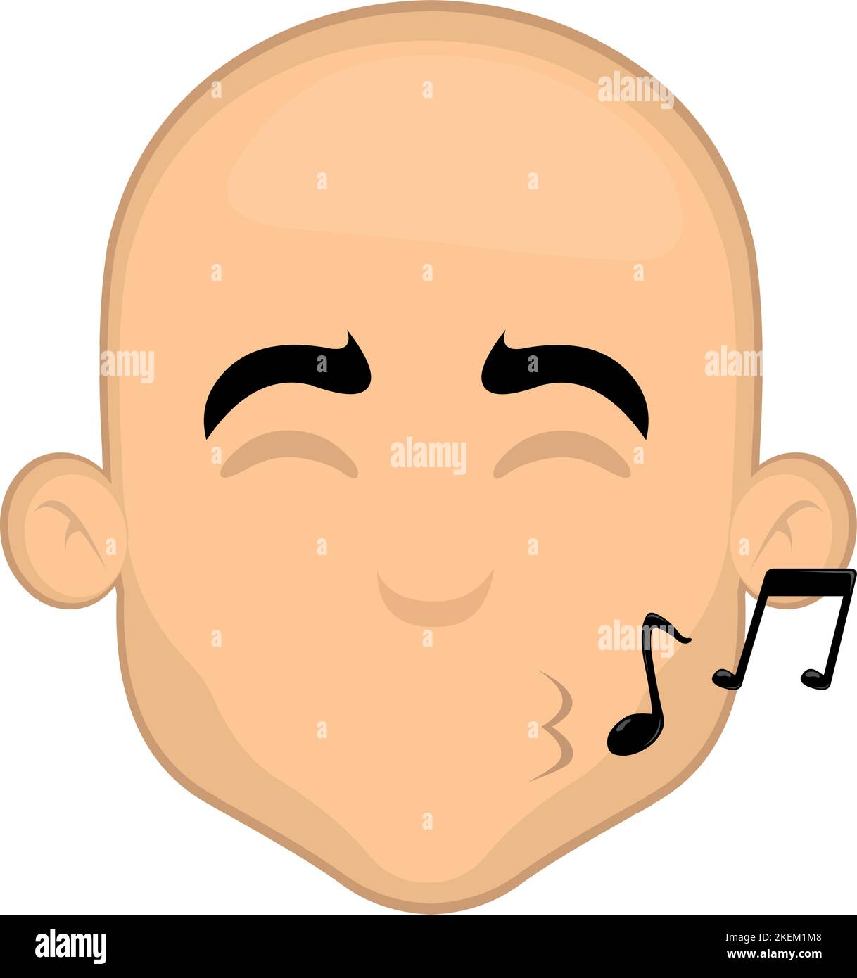 Vector illustration of a cartoon bald man face whistling with musical notes Stock Vector