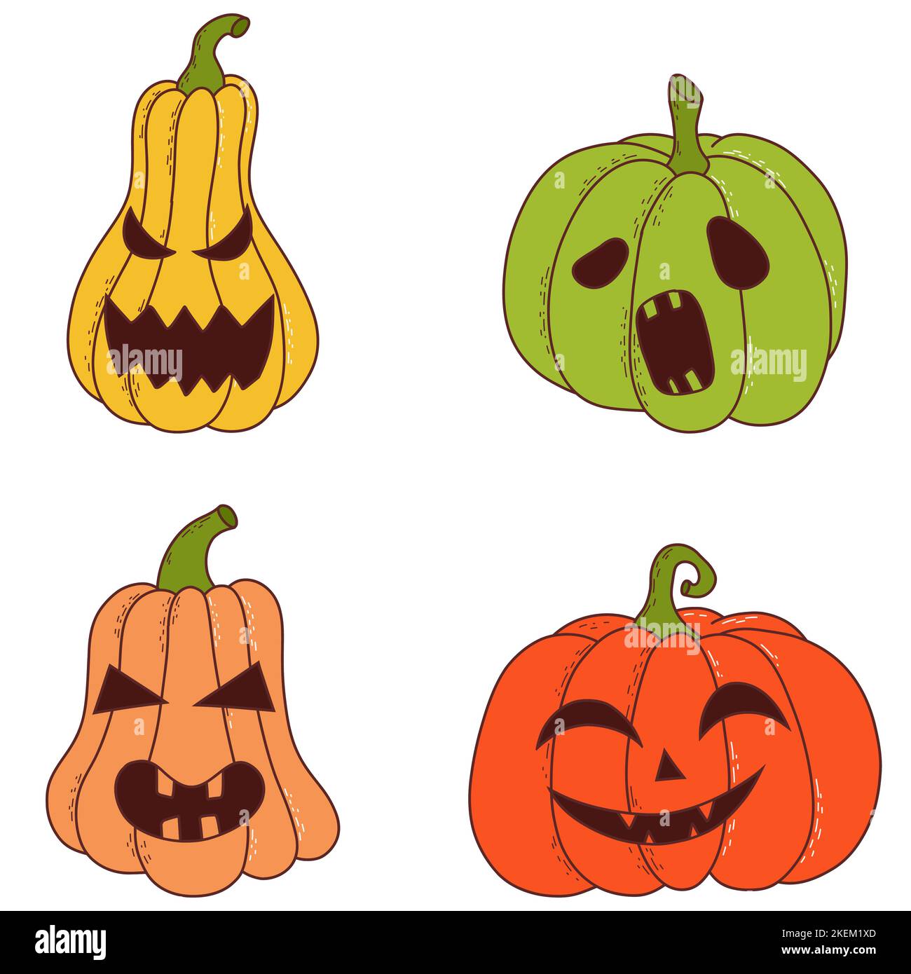 Set of pumpkin of various shapes and colors with funny faces. Halloween ...