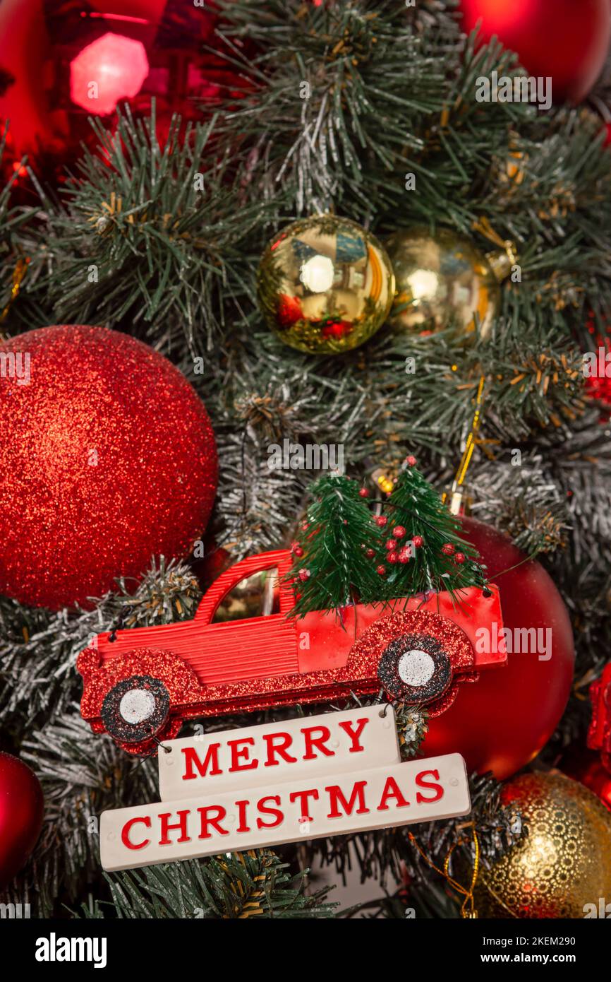 Christmas Inscriptions the interior of a winter holiday, a magical glowing Christmas tree, red ...