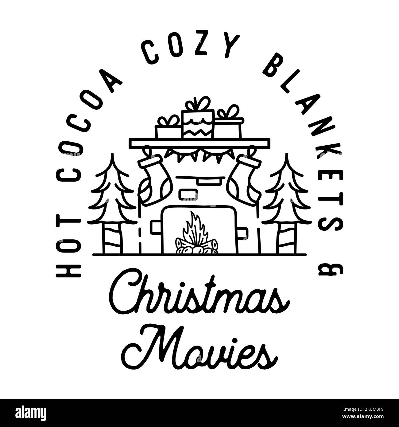 Mountain Camping christmas badge design with chimney in line art style