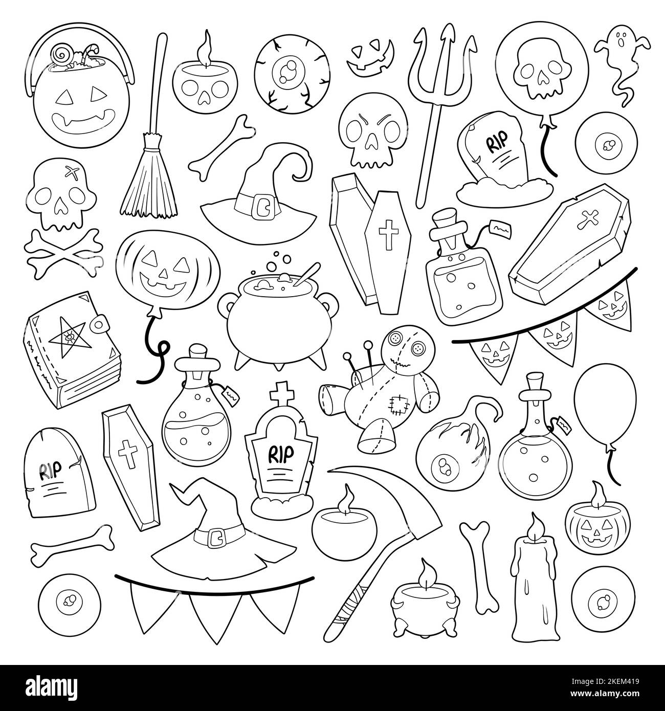 Halloween celebration and Witchcraft related objects. Collection of hand drawn, vector cartoon illustrations. Stock Vector