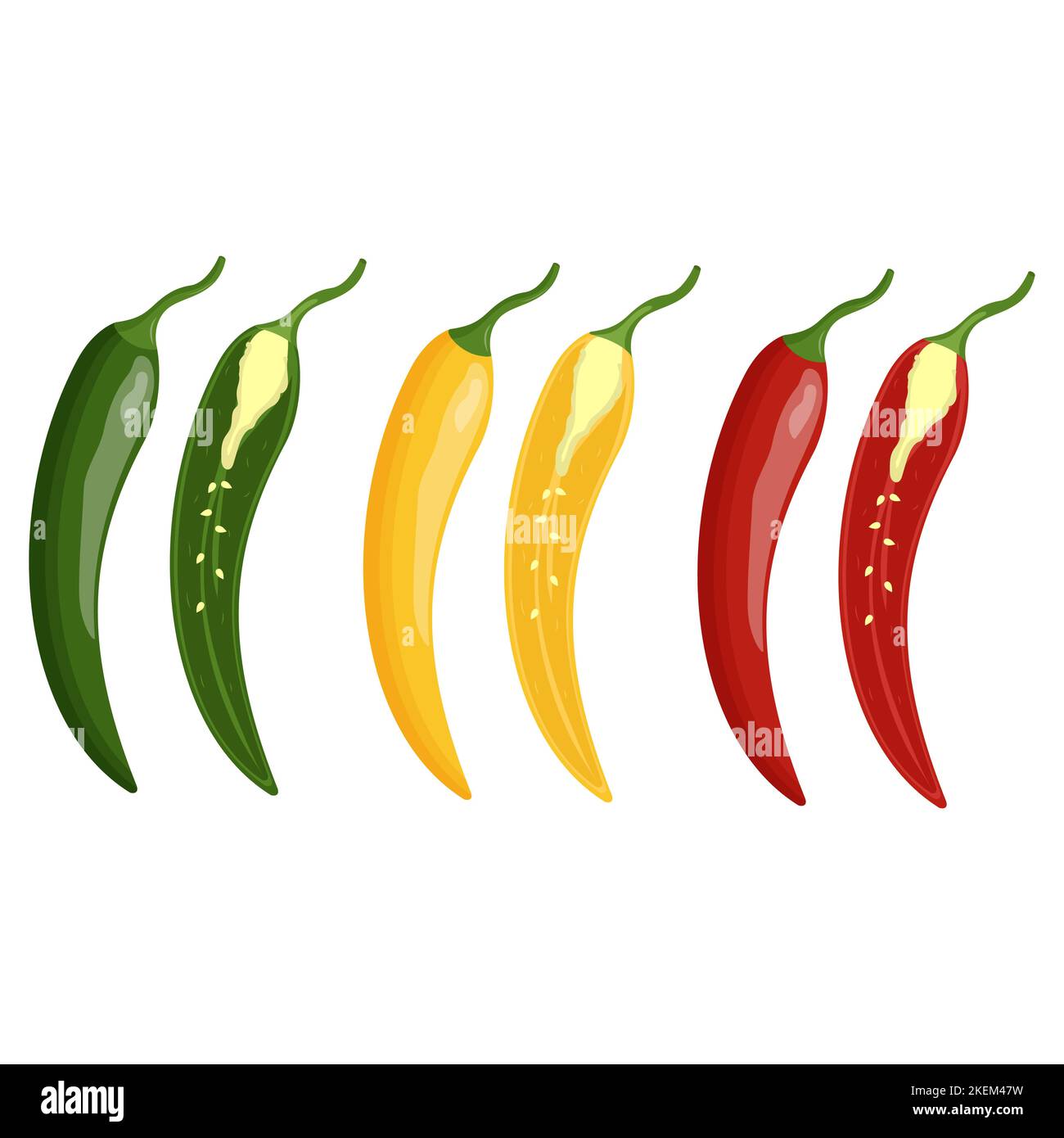 Set of red, yellow and green chili peppers isolated on white background ...