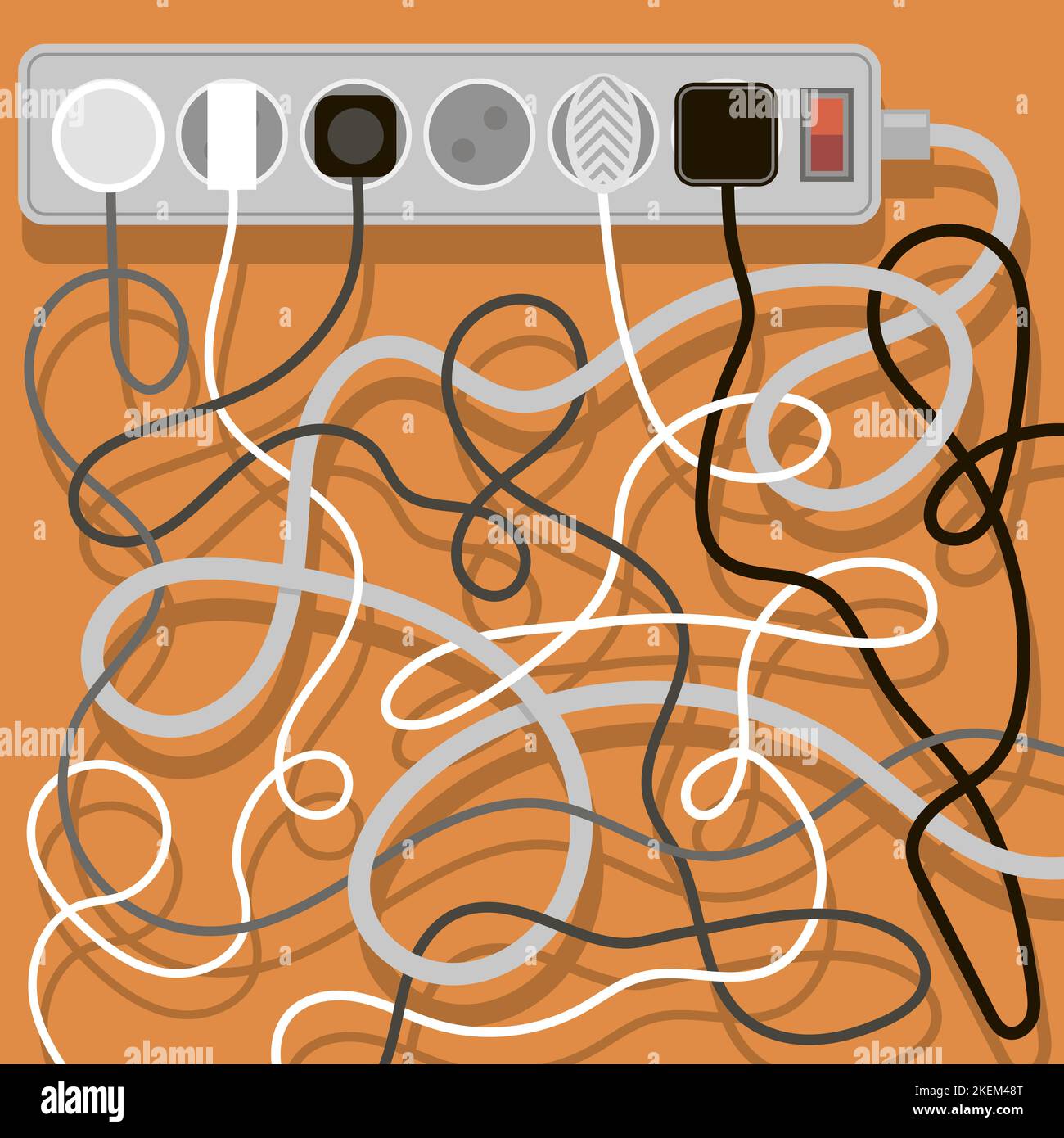 Electrical wires and chargers on orange background. A mess of cables from several extension