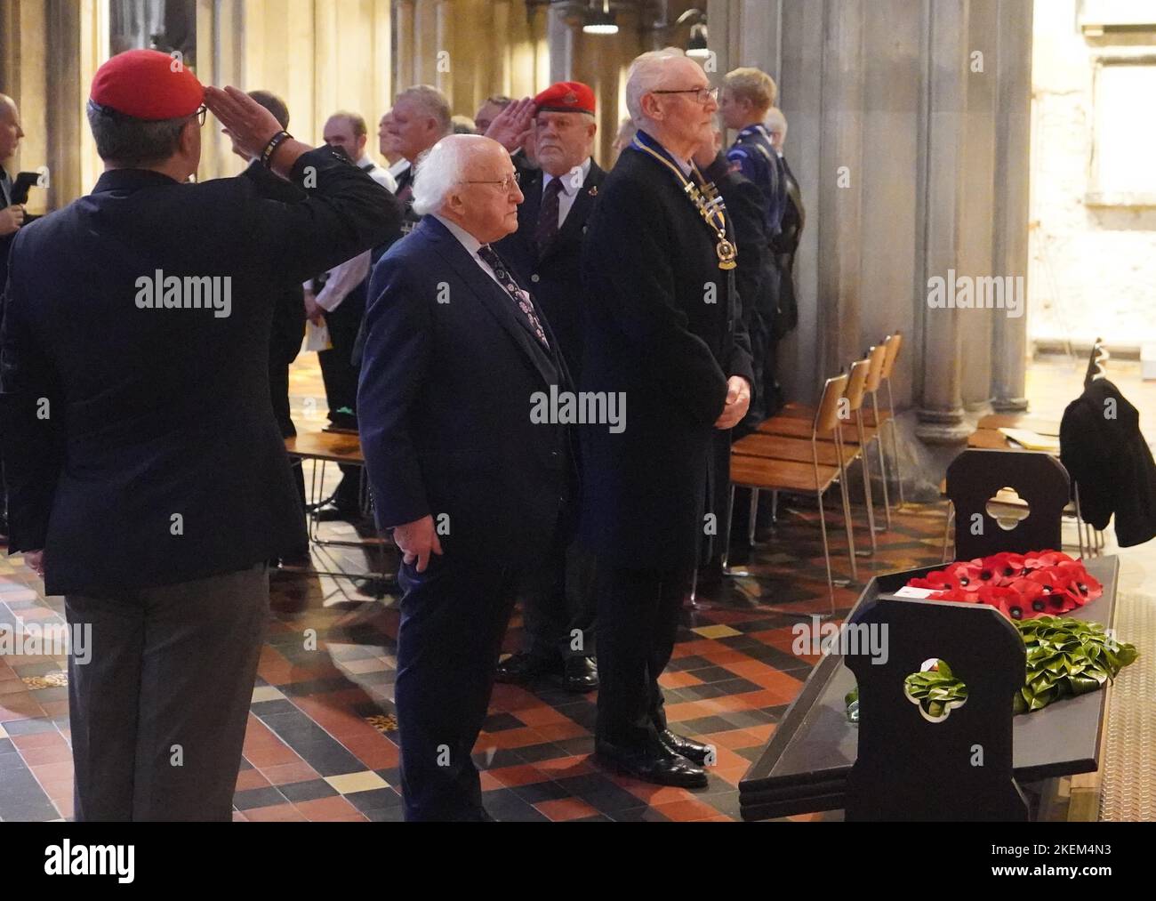 British Legion District President Lt Col Ken Martin and President Michael D Higgins lay wreaths at the Remembrance Sunday service at Saint Patrick's Cathedral in Dublin. Picture date: Sunday November 13, 2022. Stock Photo