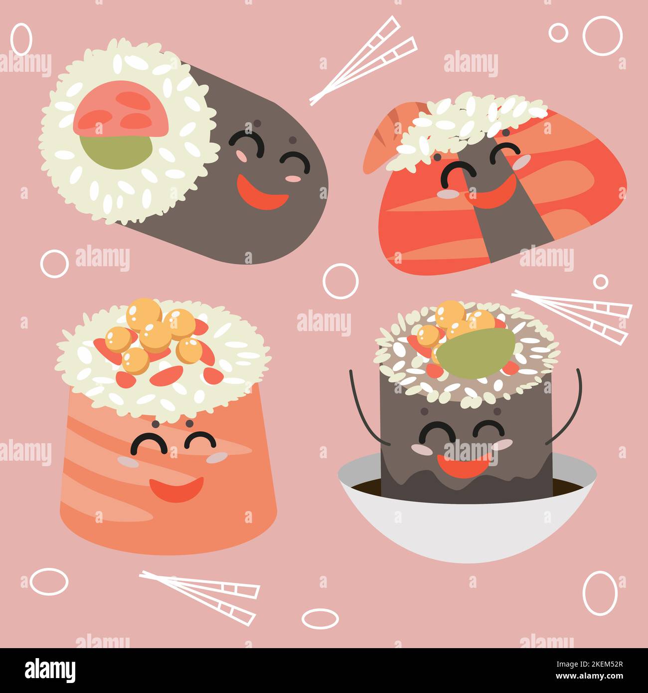 Cheerful Japanese sushi with cartoon faces in Illustration Stock Vector